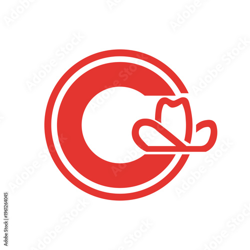 The letter C and a cowboy hat red emblem of Calgary city, Canada. Calgary city flag element