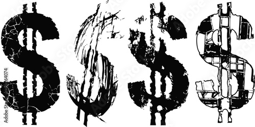Grunge black dollar symbols set distressed money signs with paint splatters and worn texture