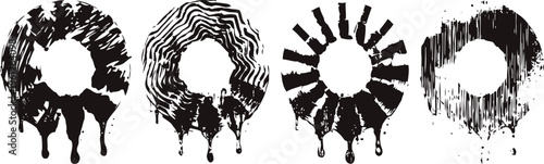Abstract drippy circle shapes with various artistic textures and black paint effect on white background