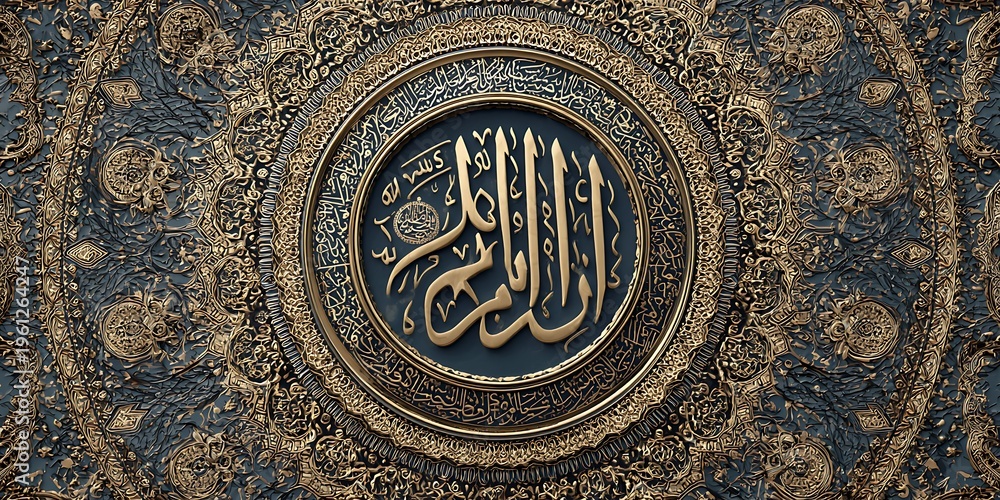Obraz premium Intricate Islamic Geometric Dome Features Beautiful Blue Gold Patterns and Calligraphy Design