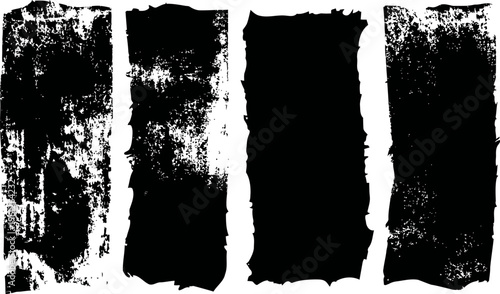 Set of four grunge vertical black ink stains with rough textured edges on white background