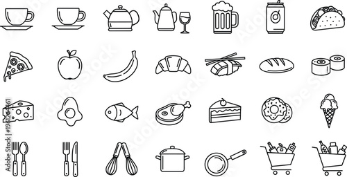 snack outline healthy Food Nutrition and Balanced Diet Organic Line Icon Set food, nutrition, healthy, diet, organic, fruit, vegetable, grocery, bread, milk, cheese