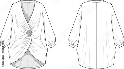 Twist front blouse vector front and back view v neck loose fit modern fashion illustration design
