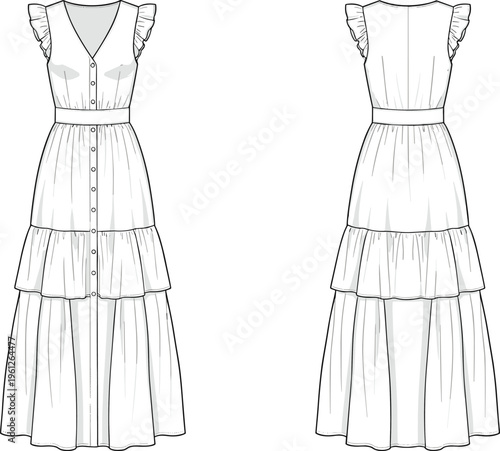 Tiered ruffle maxi dress vector front and back view sleeveless feminine fashion illustration design