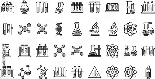Chemistry Laboratory Equipment and Scientific Research Line Icons cience, laboratory, lab, equipment, research, medical, biology, biotechnology, test tube, flask, beaker, 