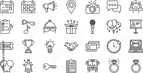 Event Planning and Celebration Line Icon Set for Party and Holiday party, celebration, holiday, wedding, birthday, planning, calendar, date, invitation, gift, present, balloons, trophy, award, ticket,