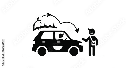 man gesturing to a car with luggage on roof