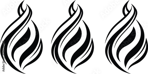 Black flame decals set with three identical stylized flame sticker white