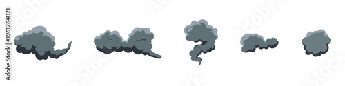 Dark smoke clouds and steam puff icon set. Explosive smoke cartoon clouds. Industrial pollution or fire vapor symbol. Vector Illustration.
