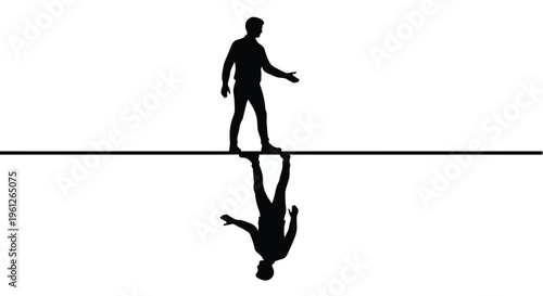 Man balancing on tightrope with inverted reflection