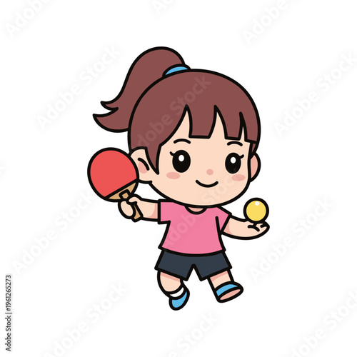 cute girl playing with table tennis paddle and ball vector illustration