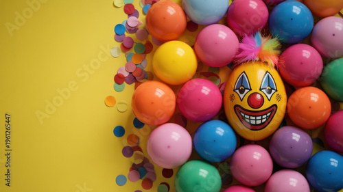 A colorful clown egg surrounded by vibrant balls and confetti on a bright yellow background