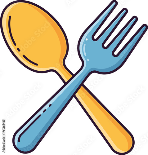Cartoon spoon and fork crossed illustration, colorful dining utensils symbol for food, restaurant, culinary design, menu decoration and kitchen related concept artwork