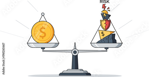 Balanced scale with gold coin and risk symbols, financial concept illustration showing equilibrium between money reward and potential danger in investment decision making