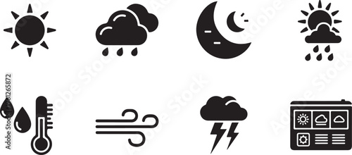 Glassmorphism weather icon pack. Translucent sun, clouds, and crescent icons for forecast app UI with rain, wind, and temperature elements..eps