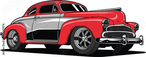 Stylized illustration of a classic red and silver vintage automobile