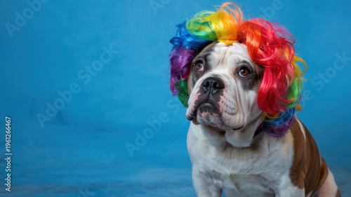 A bulldog wearing a colorful rainbow wig on a blue background