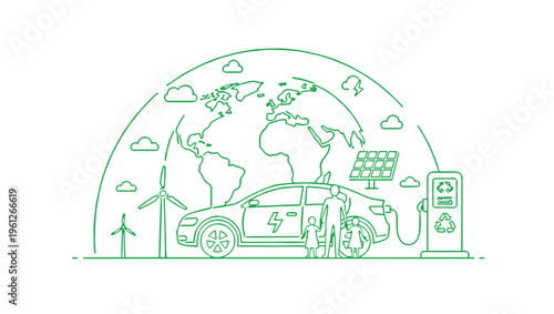 A green line art illustration showing an electric vehicle charging station with a global backdrop