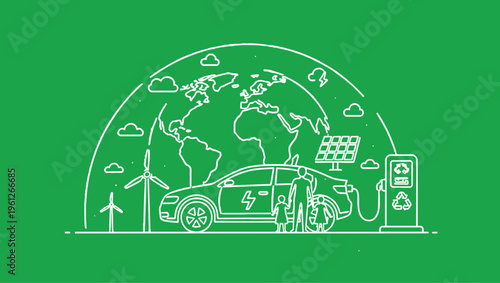 A minimalist white line art illustration representing global sustainable energy and electric vehicle