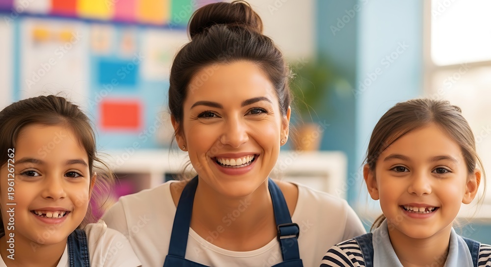 Fototapeta premium A smiling woman with two girls in a brightly lit room. They appear happy