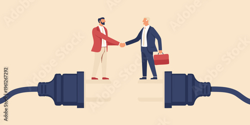 Two businessmen shaking hands over a connection represented by power plugs