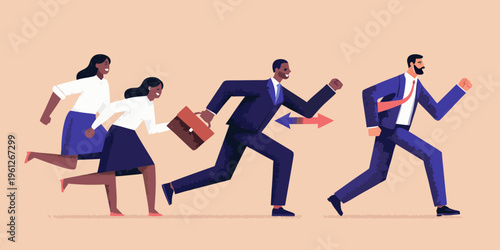 Business professionals running with briefcases facing opposing directions
