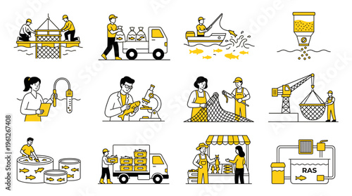 Flat illustration set showing small business street food preparation delivery service craftsmanship and local market working lifestyle concept