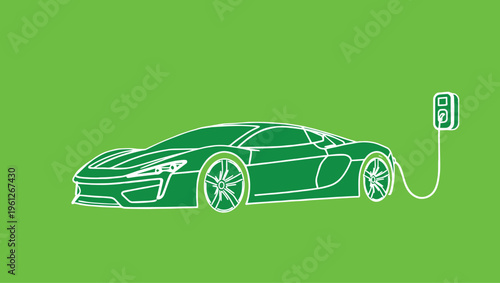 A minimalist graphic illustration of a modern electric sports car connected to a charging point