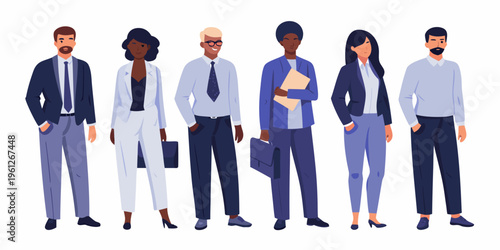 Diverse group of professionals standing in a line looking forward