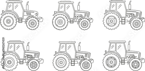 Set of six tractor line drawings in black and white, showcasing different agricultural machinery designs, wheels, exhaust pipes, and farming equipment illustration collection