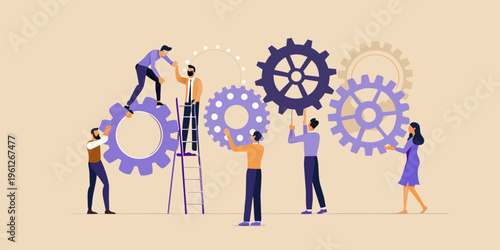 Teamwork and collaboration depicted with people interacting with large gears