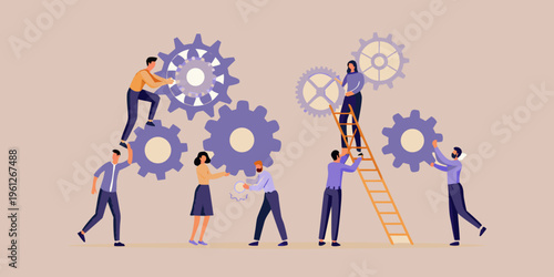 Teamwork and collaboration illustrated with people and interlocking gears
