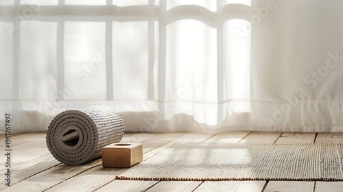 Yoga mat and block on wooden floor near large windows with natural light