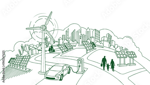 A conceptual line drawing illustrating sustainable urban development and green energy solutions