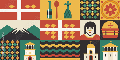 A colorful grid featuring cultural symbols and landmarks from various countries