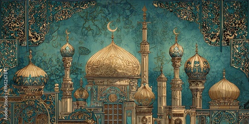Intricate Islamic Architecture with Detailed Mosque and Minaret Designs Under Night Sky