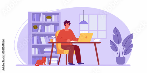 Man working on a laptop at a desk in a cozy home office