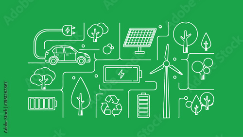 A detailed green line art illustration representing sustainable energy and modern environmental care