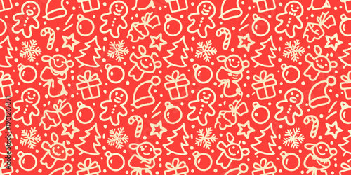 Festive red background with repeating holiday icons and patterns