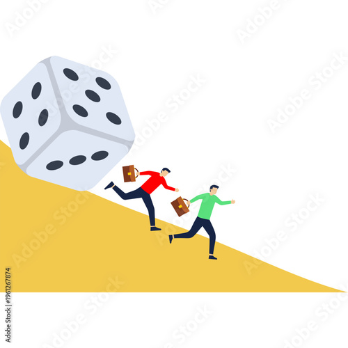 Two businessmen run away in front of huge dice
