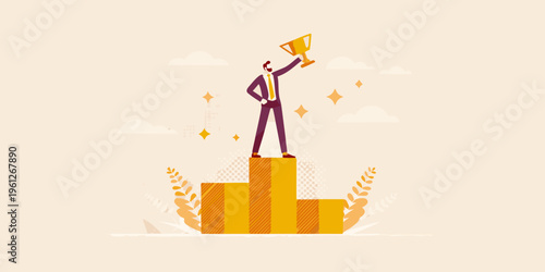 A businessman celebrates success by raising a golden trophy on a pedestal