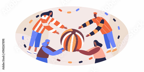 People gathered in a circle around a patterned striped egg