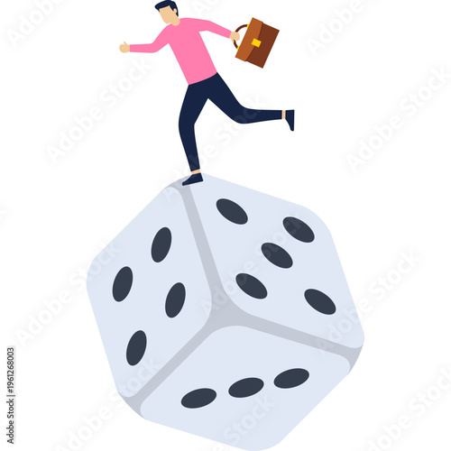 Investment risk, stock trader, gambling, uncertainty, possibility of losing money or make a profit from investment concept, greedy investor man dare trying to balance himself on spinning unstable dice