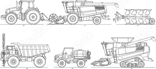 Six detailed black and white line drawings of agricultural and industrial machinery including tractor, combine harvester, plow, dump truck, utility service truck, and tracked harvester