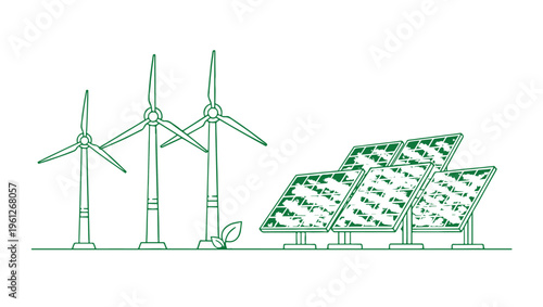 Minimalist green line art illustration featuring wind turbines and solar panels for energy concept