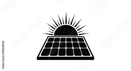 Solar panel with rising sun backdrop a striking black silhouette