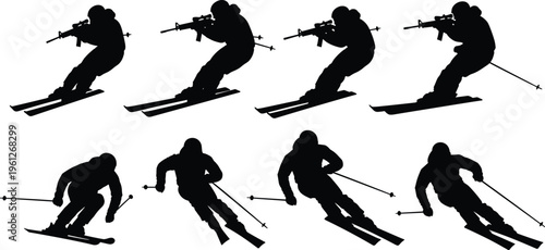 Biathlon skiing silhouette vector set, winter sport athlete shooting rifle collection, cross country ski action poses, black sports illustration isolated