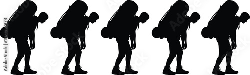 Exhausted hiker carrying heavy backpack silhouette, fatigue from trekking, outdoor adventure struggle, physical effort, survival journey, endurance concept illustration