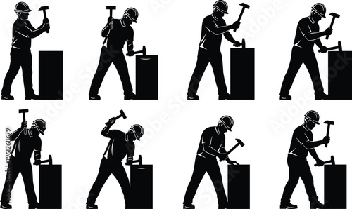 Construction worker hammering silhouette vector set, industrial labor poses collection, builder with tools, black workman figures, manual work illustration isolated