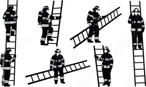 Firefighter ladder silhouette vector set, emergency rescue worker collection, fireman climbing and carrying ladder, safety service illustration isolated on white background